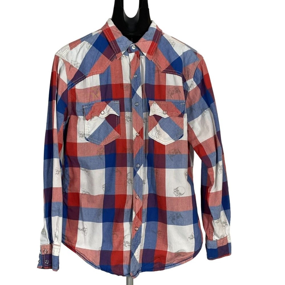 Arizona Men Shirt Medium Cowboy Western Pearl Snap Red White Blue Skull Pattern